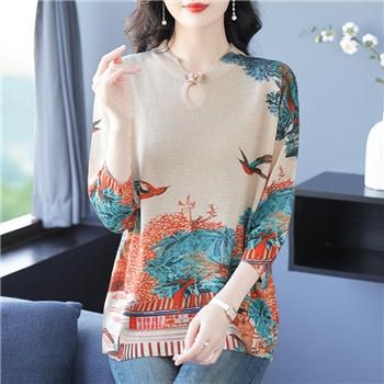 2024春夏新款中年妈妈女装圆领遮肚七分袖显瘦针织衫上衣女