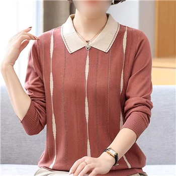 妈妈款春装长袖T恤中年女打底衫50-60岁中老年人春秋带翻领针织衫