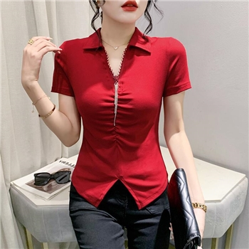 夏季新款洋气女装时尚镶钻拉链开叉短袖TPOLO领潮辣妹修身上衣