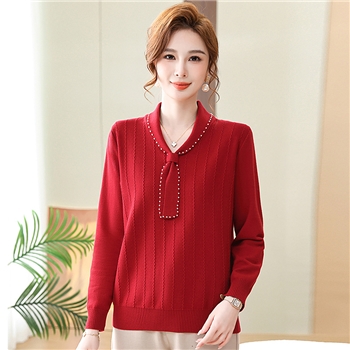 2024春秋新款中老年女装钉珠毛衣打底衫妈妈装时尚洋气飘带针织衫