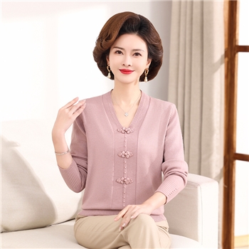 中年妈妈春秋盘扣针织衫中老年女装新中式打底衫上衣百搭时尚毛衣