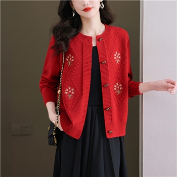 绣花毛衣开衫2024春秋新款中年女士外套显瘦舒适针织外搭气质上衣