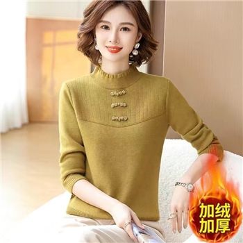 妈妈装秋冬季加绒加厚半高领毛衣中老年女装新中式盘扣打底衫上衣