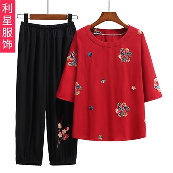 夏季新款中老年大码女装民族风刺绣七分袖T恤衫套装妈妈洋气上衣