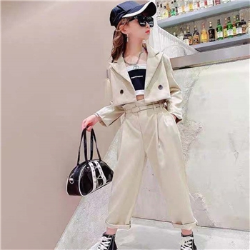 2024女童春秋新款短款炸街工装套装女童时尚休闲西装外套两件套潮