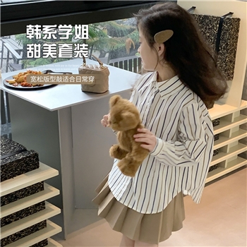 女童套装2024春季新款韩版条纹童装衬衫上衣洋气儿童百褶裙两件套