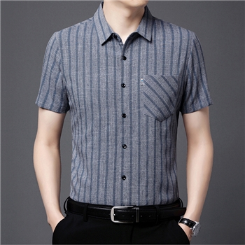 直发男士夏季短袖衬衫休闲中青条纹薄款衬衣翻领上衣