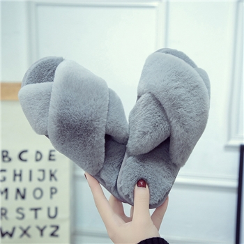 跨境外贸亚马逊交叉毛毛拖鞋女秋冬平底家居家地板拖露趾棉拖鞋女