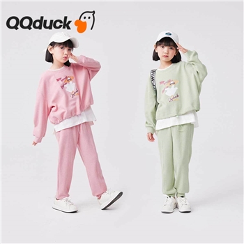 QQduck可可鸭童装春季新款女童套装假两件卫衣运动时髦小女孩舒适