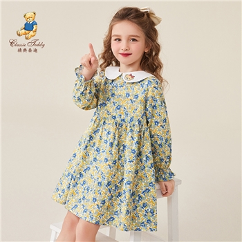 精典泰迪童装春季新款女童连衣裙长袖裙子儿童衣服洋气碎花连衣裙