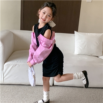 童裙2024春款女童假两件露肩连衣裙中大童女宝辣妹风衬衫袖连衣裙