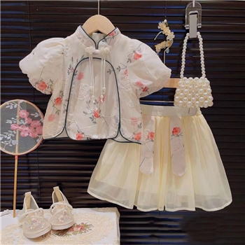 新品大家闺秀双版本女童国风花朵提花短裙两件套2024夏装套装