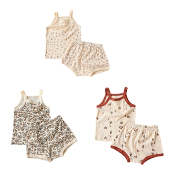 婴儿夏季北欧风吊带两件套男女宝宝碎花无袖套装薄款夏天家居服